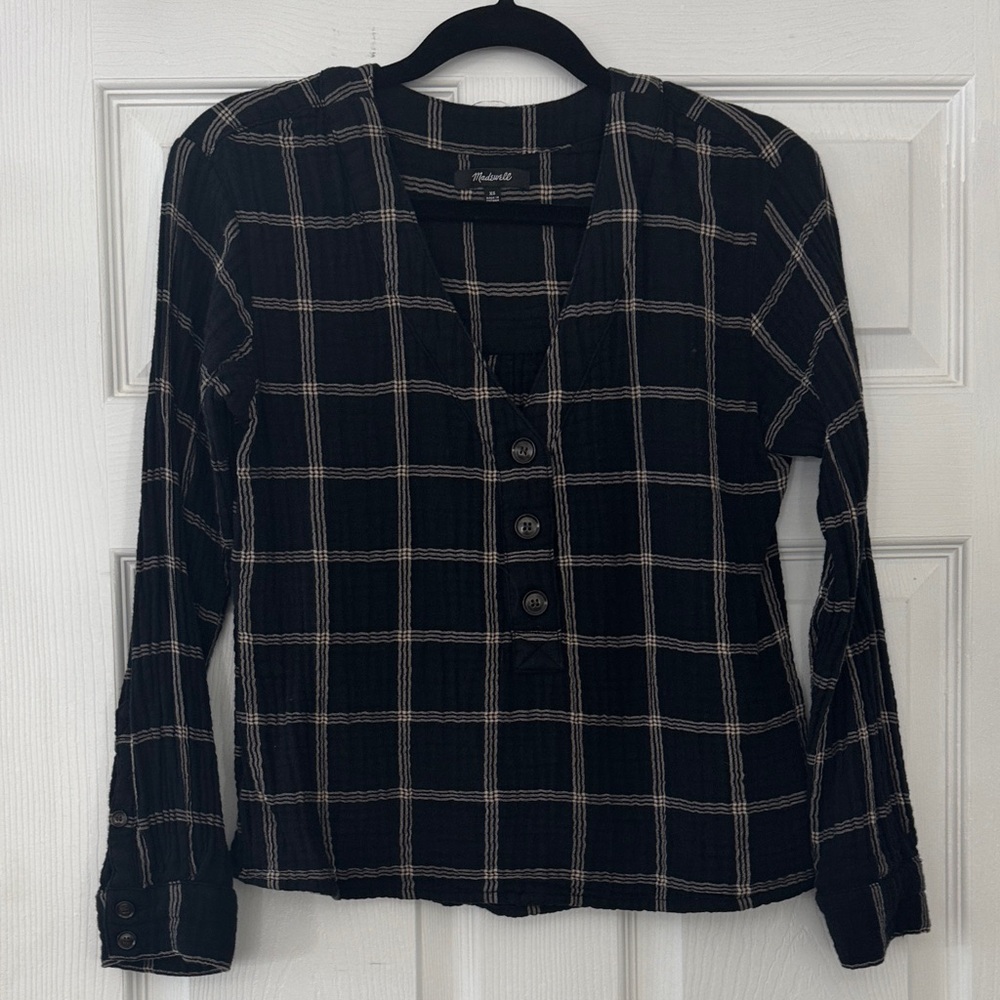 Madewell Black and Cream Checkered Button Down Shirt